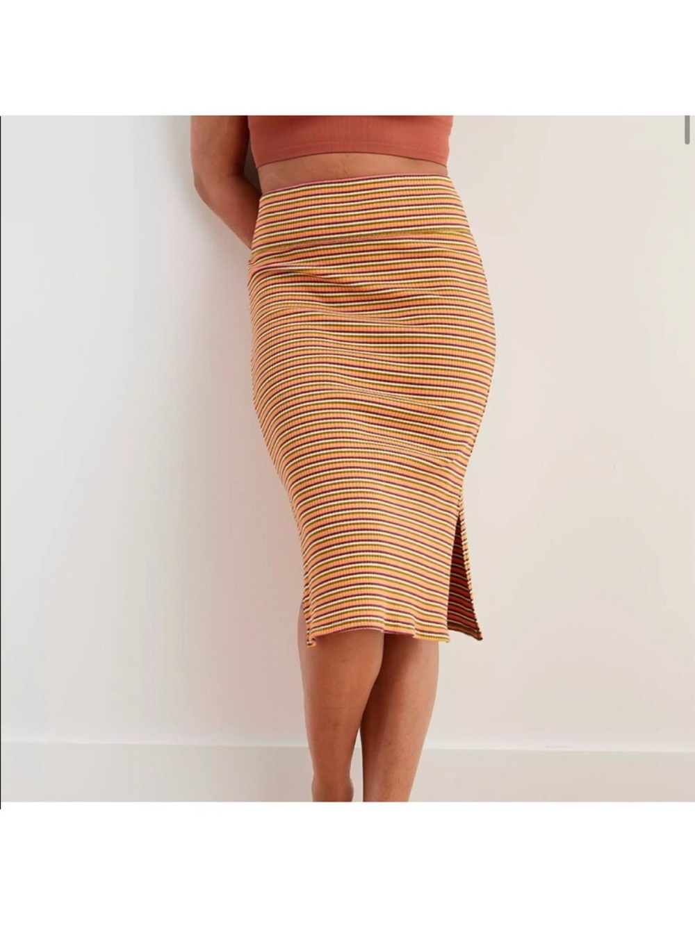 Aerie Multicolor Striped Ribbed Knit Midi Stretchy Skirt Retro Y2K Size Large